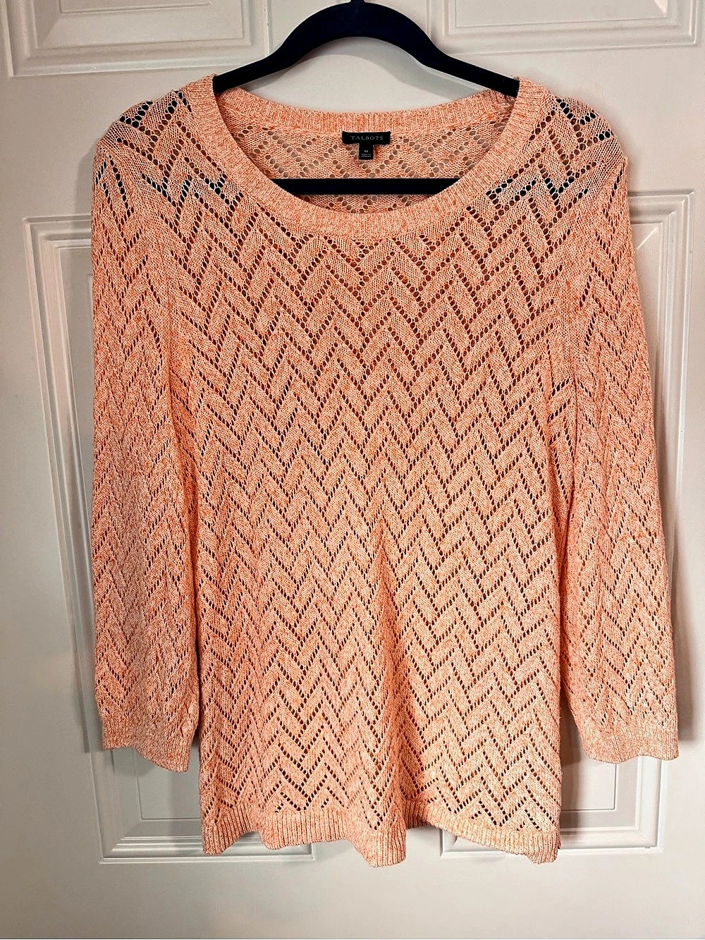 Talbots Chevron Pointelle Open Knit Pullover Orange Medium